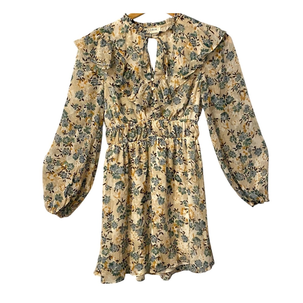 STORIA Anthropologie Floral Ruffle‎ Neck Long Sleeve Mini Dress Women Size Sm